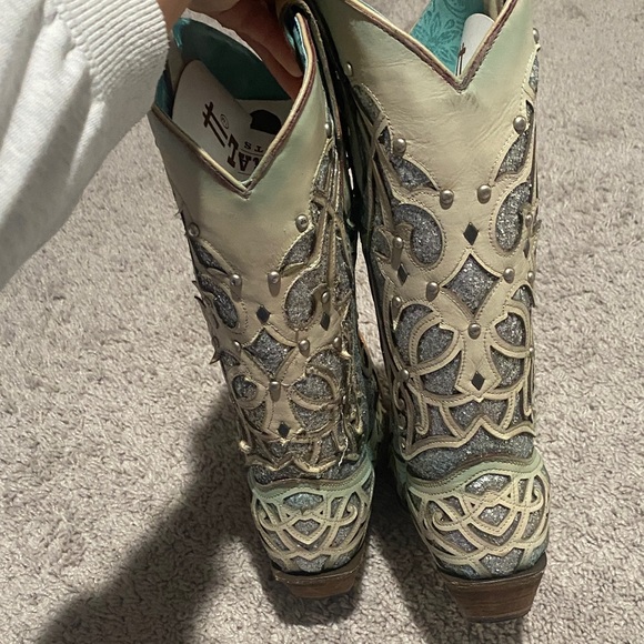 CORRAL WOMEN'S WHITE TURQUOISE GLITTER BOOTS - SNIP TOE - Picture 6 of 7